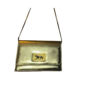 Vintage 80s Gold Glam Patent Leather Cheetah Cross Body Purse 7x10 Coach Inspo